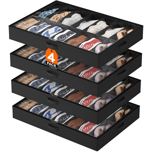 Lifewit Under Bed Shoe Storage Organizer 4 Pack(14 Shoes Cells), 4.3 Inches Tall Low Profile Fabric Shoes Container Box with Clear Cover, Foldable Storage Bag with 2 Handles, Fits 28 to 56 Pairs - style: 14 Shoes Cells