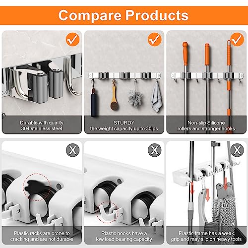 CUXIXA 2 Pack Mop and Broom Holder Wall Mount, Non-slip Broom Hanger Wall Mount, Heavy Duty Mop Broom Organizer for Kitchen Garden Garage Laundry Room Wall Decor Organization and Storage Silver 4R5H - color: Silver, size: 2Pack 4R5H