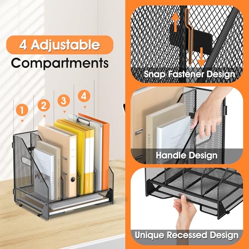 Desk File Folder Holder Organizer-4 Vertical Compartments Racks and Paper Letter Tray,Mesh Magazine File Holder Sorter,Desktop Accessories & Workspace Organizers for Home,Office,School-Black - color: 4 Compartments-Black