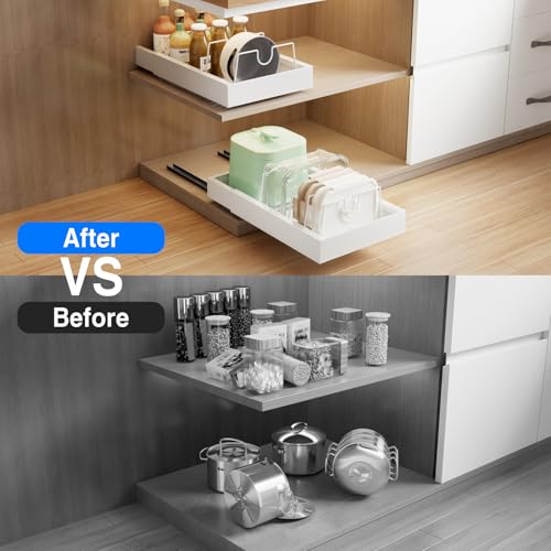 Mustorn 2 Pack Pull Out Cabinet Organizer with 8 Dividers,21.8" Deep Slide Out Drawers for Cabinets Adhesive Pull Out Drawers Heavy Duty Pull Out Shelves for Kitchen, Cupboard, Pantry, Bathroom-White - color: White, size: 21.8"D*12"W*2.95"H