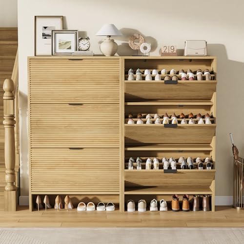 Garvee Shoe Storage Cabinet for Entryway, Fluted Shoe Cabinet with 3 Flip Drawers Doors, 32" Wide Hidden Shoe Rack Tall Freestanding Shoe Organizer for Entrance, Hallway, Living Room, Natural - color: Natural, size: 3 Drawers