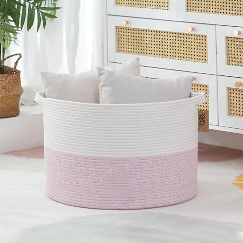 COMFY-HOMI New Extra Large Blanket Storage Basket 21''x21''x13.6''|Toy Organizers and Storage|Cotton Rope Woven Round Basket for Blanket|Baby Basket for Newborn-White/Pink - color: light pink