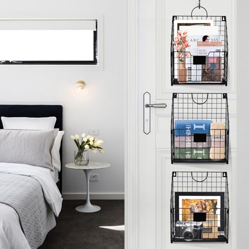 DILIBRA 4 Packs Hanging Wall File Organizer, Foldable Wall Magazine File Holder with Handle and Tag Slot, Metal Wall Mounted Mail Organizer Rack Folder Holder for Document Office Door Home Black