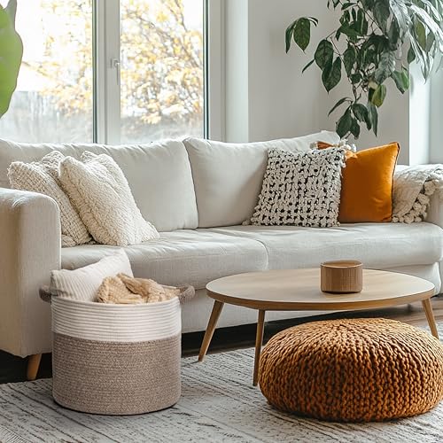 Blanket Basket - Woven Round Rope Storage Basket (16"Wx14"H) for Blankets & Throws, Small Laundry & Toy Organizer, Decorative Living Room & Bedroom Cotton Basket - White & Brown - color: White & Brown, size: Regular-16"Wx14"H