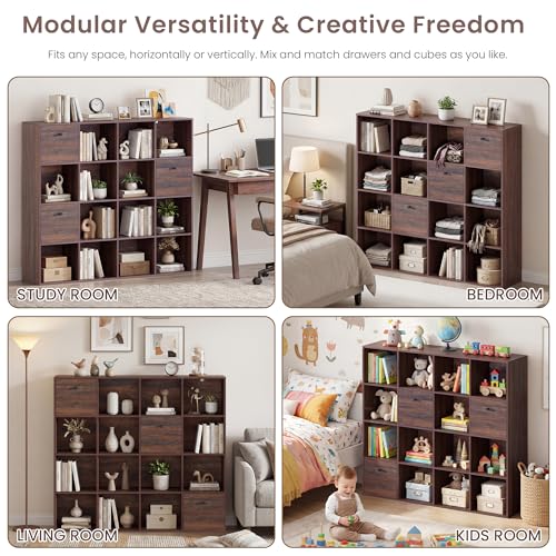 Walnut 16 Cube Storage Organizer, Wooden Bookcase with 3 Drawers, Freestanding Shelf Unit for Home Office Library, 4-Tier Book Shelf, 47" Wide Storage Display for Books Toys Display Rack - color: Walnut, size: 16 Cube