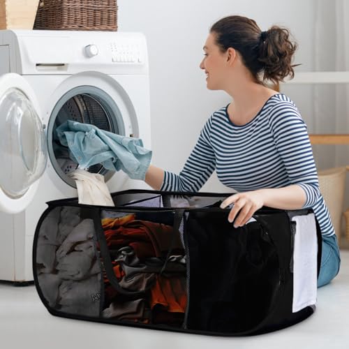 Foldable Laundry Baskets, Collapsible Mesh Laundry Hamper, Durable Pop Up Laundry Basket, 3 Compartments Clothes Hampers for Laundry, Easy to Carry & Sort for Dorm, Home, Kids Room, Travel Black - color: Black, size: 3 Compartments