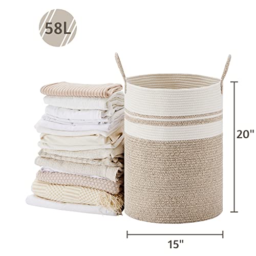 VIPOSCO Large Laundry Hamper, Tall Woven Rope Storage Basket for Blanket, Toys, Dirty Clothes in Living Room, Bathroom, Bedroom - 58L Brown & White - color: Brown & White, size: 58L