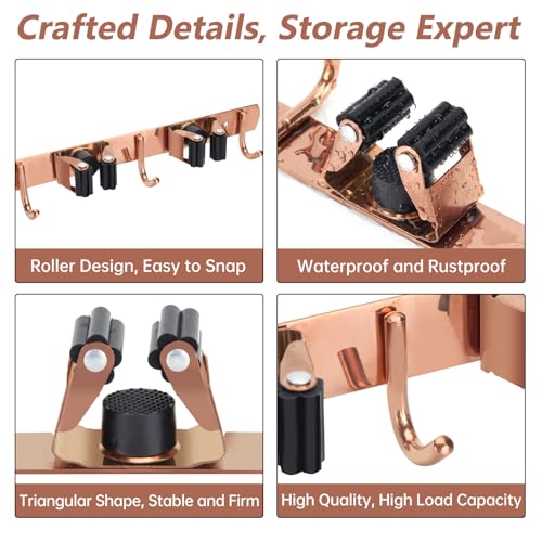 3 Racks and 4 Heavy Duty Hooks Mop and Broom Holder Wall Mount, Stainless Steel Broom Organizer Storage Utility Tool Racks for Home, Kitchen, Garage, Laundry Room. Rose Gold - color: Rose Gold