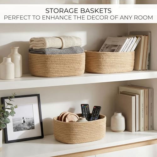 Beautiful Storage Basket Set of 3 - Sturdy Jute Rope Baskets for Shelves Are Perfect for Organizing Your Home - Quality Storage Bins Easily Fit With Any Nursery or Bedroom Decor - color: Jute-Brown