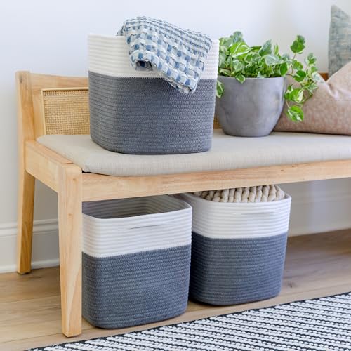 NaturalCozy Storage Cubes 11 Inch Cotton Rope Woven Baskets for Organizing, 3-Pack | Cube Storage Bin | Square Storage Baskets for Shelves Organizer, Classroom, Kids Toy Bins, Closet, Baby Nursery - color: Off White & Charcoal Gray