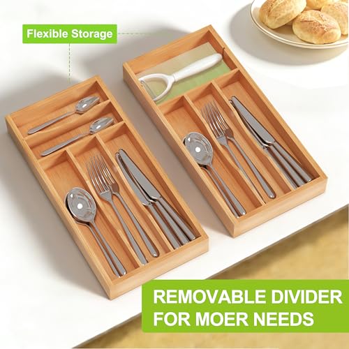 Unibambou Bamboo Utensil Drawer Organizer with Removable Dividers, Kitchen Organizer for Flatware Cutlery, Silverware Tray for Drawer (5/4 Flexible Slots, Natural) - color: Natural, size: Small+ 7x14 Inch