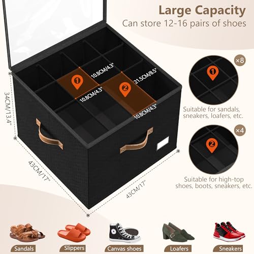 Vincona Shoe Organizer for Closet,2 Pack Shoe Storage Bins Foldable Shoe Storage Box Containers with Clear Cover and Sturdy Handles,Shoe Rack for Closet Storage for Sneakers Heels Slippers (Black) - color: Black, size: Large