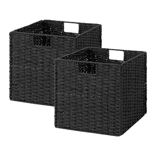 StorageWorks 13 inch Wicker Storage Baskets, Handwoven Wicker Basket for Organizing, Foldable Square Storage Cubes, Black, Paper Rope, 2 Pack - color: Black, size: 13"L x 13"W x 13"H