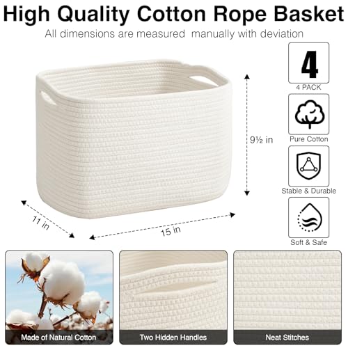 ICERZCZ Storage Baskets for Organizing & Shelves, Woven Cotton Rope Organization Bins for Dog Toys, Clothes, Books, Nursery Organizer, 15" Lx11''Wx9.5''H, (4 Packs) Off White - color: Off White, size: 15"(L)×11"(W)×9.5"(H)