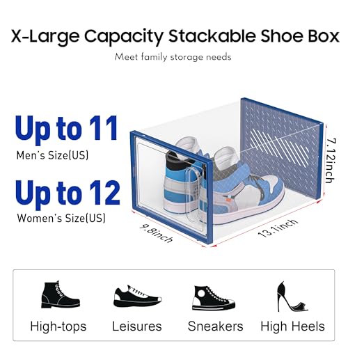 eWonLife Large Shoe Organizer Storage Box with Magnetic Door,12 Pack Clear Plastic Stackable Sneaker Containers for Closet, Connect Left and Right Shoe Box for Entryway, Drop Front, Under Bed (Blue) - color: Blue