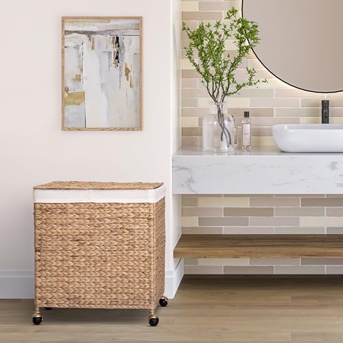 Seville Classics Premium Natural Handwoven Portable Laundry Bin Basket with Carrying Handles, Household Storage for Clothes, Linens, Sheets, Toys, Rattan, 3-Piece Hamper Set - color: Natural Water Hyacinth, size: Sorter on Gold Sphere Casters