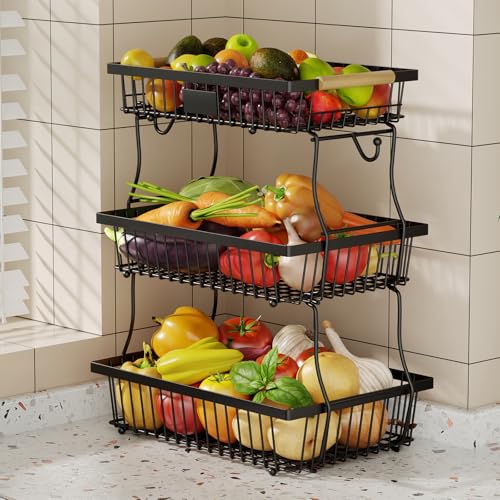 3 Tier Fruit Basket for Kitchen Counter with 2 Banana Hangers, Countertop Metal Fruit Bowl with Wooden Handle, Large Storage Stand for Vegetables, Snacks, Breads, Produce Storage – Black - color: Black, size: 3 Tier