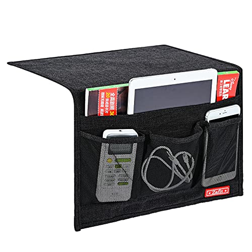 Zafit Linen 4 Pockets Bedside Caddy, Bedside Storage Organizer for Magazine, Remotes, Phone (Classic Black) - color: Black, size: Classic 4 Pockets