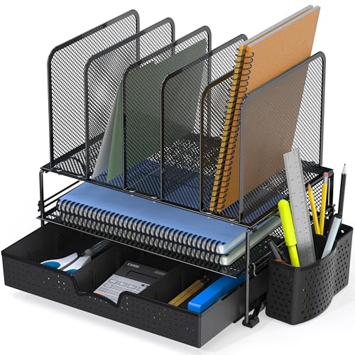 Simple Houseware Mesh Desk Organizer with Sliding Drawer, Double Tray and 5 Upright Sections, Black - color: Black