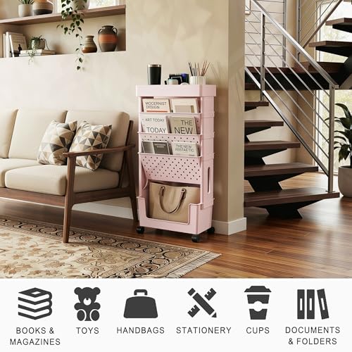 5-Tier Mobile Bookshelf, Rolling Bookcase Book Storage Rack, Movable File Folder Organizer Cart with Wheels for Home Study Office Living Room Classroom, Light Pink - color: Light Pink, size: 5-Tier