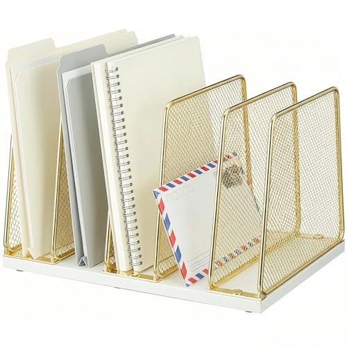 AUPSEN 5-Section Gold File Organizer for Desk, Wood Mesh Desktop File Organizer, File Sorter Storage Rack, Vertical Folder Holder for Files, Magazines, Books (Gold) - color: Gold
