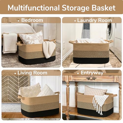 Goodpick Woven Blanket Basket, 21.6" x 14.9" x 11.8" Wicker Laundry Basket for Clothes, Storage Baskets for Organizing, Rectangle Rope Large Baskets for Storage, Black Jute - color: Black Jute, size: Large(21.6"L x 14.9"W x 11.8"H)