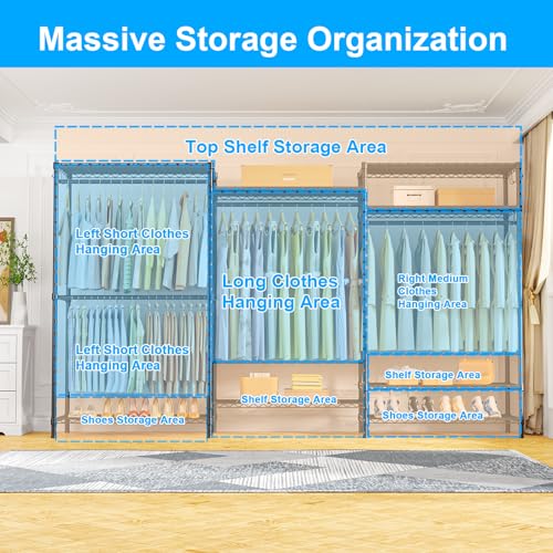 Ulif E13 Max Heavy Duty Clothes Rack（With 4 Hanger Rods & 8 Shelves） Freestanding Clothing Racks for Hanging Clothes，Adjustable Closet，Metal Garment Rack 86" W x16 D x77 H，Max Load 1100LBS，Black - color: Black, size: E13 Max
