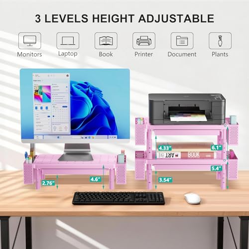 WALI Computer Monitor Stand with Storage, Desk Organizer with Drawer and Pen Holder, Desk Monitor Riser 3 Height Adjustable, Laptop Riser for Computer, Laptop, Printer (PTT003-P), 1 Pack, Pink - color: Pink, size: with Drawer and Pen Holder
