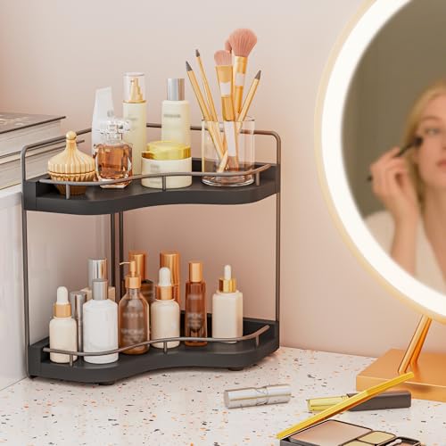 2-Tier Corner Bathroom Counter Organizer with Embedded Screw Holes, Secure & Stable Wood Vanity Shelf for Makeup and Skincare Essentials - Space Saving Bathroom Countertop Storage, Black - color: Black