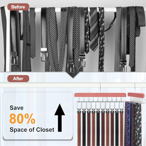 TOPIA HANGER Cedar 2 Pack 2 in 1 Belt Tie Hanger for Closet Max 60 Belts with 60 Ties Capacity, 20 Hooks Belt Tie Racks Hanger for Closet Organizer Storage Curved Fit Belt and Flat Fit Tie - CT60C - color: Cedar-2 Pack