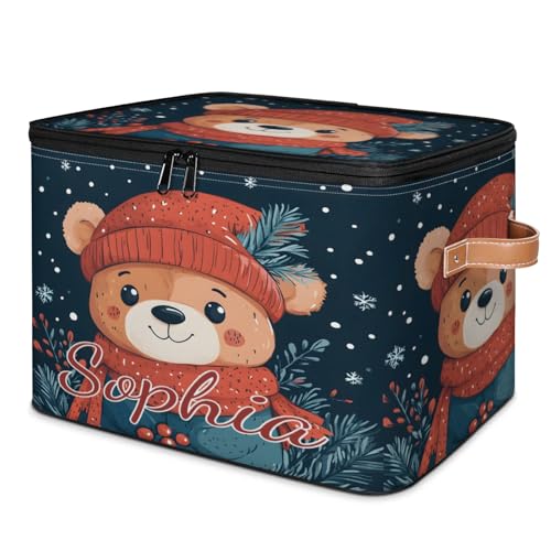 Custom Storage Basket with Name, Personalized Storage Bins with Zipper Lid, Foldable Fabric Storage Box Large capacity with Handle Red Hat Scarf Bear - color: Option 14