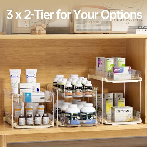 Delamu 2 Pack 3-Tier Bathroom Under Sink Organizers and Storage, Multi-Purpose Stackable Pantry Organization and Storage, Pull Out Clear Kitchen Bathroom Cabinet Organizer with Movable Dividers, Beige - color: Beige, size: 2 Pack 3-Tier