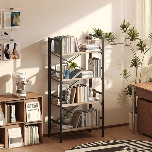 Homeiju Folding Bookshelf,4 Tier Bookcase Foldable Shelf with X-Bracket Design, Adjustable Feet, Space Saving Storage for Living Room, Office, Brownish - color: Brownish, size: 4 Tier