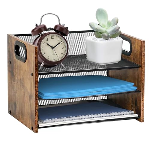 Desk Organizer - 3 Tier Wood & Metal Mesh Desktop Organizer for Office, Home, School, Workspace, Office Desk Organzier for Papers, Mail, Notebooks, Stationery - size: 3 Tier