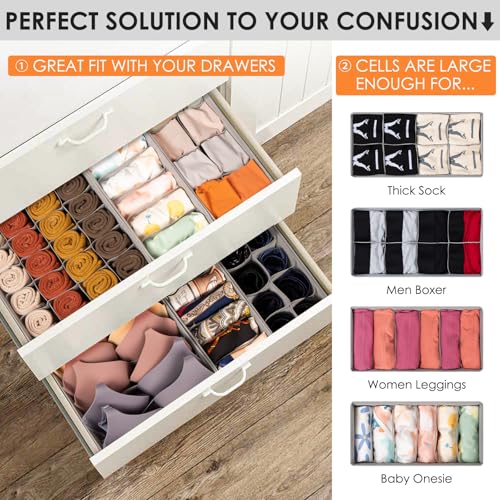 Drawer Organizer Clothes, 8 Pack Dresser Organizer Bins for Baby Clothes, Underwear Sock, Fabric Closet Organization and Storage Dividers for Nursery Bedroom (48 Compartments, Grey) - color: Grey, size: 8 Pack