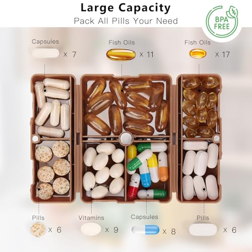FYY Daily Pill Organizer, 7 Compartments Portable Travel Pill Case, [Folding Design] for Purse Pocket to Hold Vitamins,Cod Liver Oil,Supplements and Medication-Brown - color: Brown, size: Small (1 Piece)