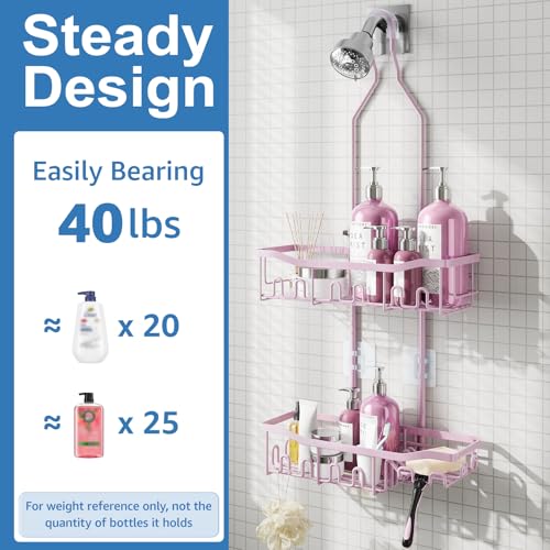 Shower Caddy, Upgraded Extended Length Shower Caddy Over Showerhead No Blocking to Shower Head, Rustproof Shower Organizer with Hooks Shampoo Soap Holder, Bathroom Large Hanging Shower Caddy - color: Pink - 2 Tier - Standard
