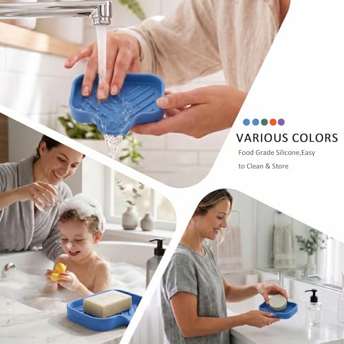 MicoYang Silicone Bathroom Soap Dishes with Drain Spout-Bathroom and Kitchen Sink Organizer,Sponge Holder,Dish Soap Tray,Perfect for Dispenser,Scrubber,Bottle,Cup on Counter Lichen Blue 4.9"×3.2" - color: Lichen Blue, size: S(4.9"×3.2")