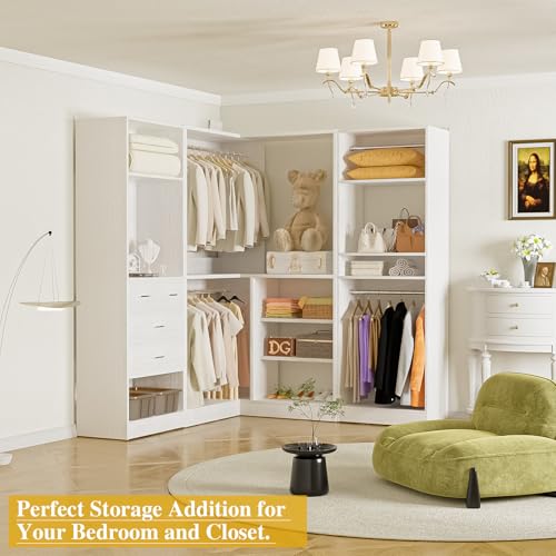 Unikito 86” Closet System, Large Corner Closets Organizer with Hanging Rods and Mirror Design, Freestanding Adjustable Wood Clothes Garment Rack with Drawers, Sturdy Walk in Closet Tower, White