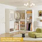 Unikito 86” Closet System, Large Corner Closets Organizer with Hanging Rods and Mirror Design, Freestanding Adjustable Wood Clothes Garment Rack with Drawers, Sturdy Walk in Closet Tower, White