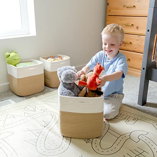 NaturalCozy Storage Cubes 11 Inch Cotton Rope Woven Baskets for Organizing, 3-Pack | Cube Storage Bin | Square Storage Baskets for Shelves Organizer, Classroom, Kids Toy Bins, Closet, Baby Nursery - color: Off White & Tan Brown