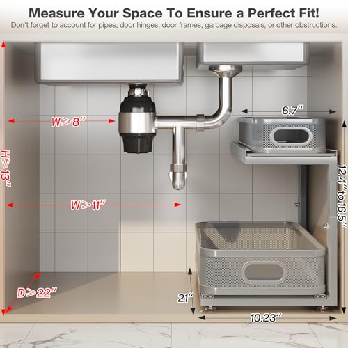 2 Pack 21IN-Depth Under Sink Organizer With Next-Gen Ball-Bearing Slides,2-Tier Precision Mesh Pull Out Cabinet Storage for Bathroom&Kitchen,Height Adjustable Drawers Shelf,Anti-rust-Grey - color: Gun Gray, size: 2 Pack-21"Dx12.4"-16.5"H