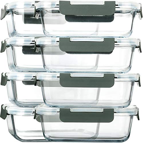 [8-Pack,30 oz]Glass Meal Prep Containers,Glass Food Storage Containers,Airtight lunch Containers with Lids, Microwave, Oven, Freezer and Dishwasher - color: Gray