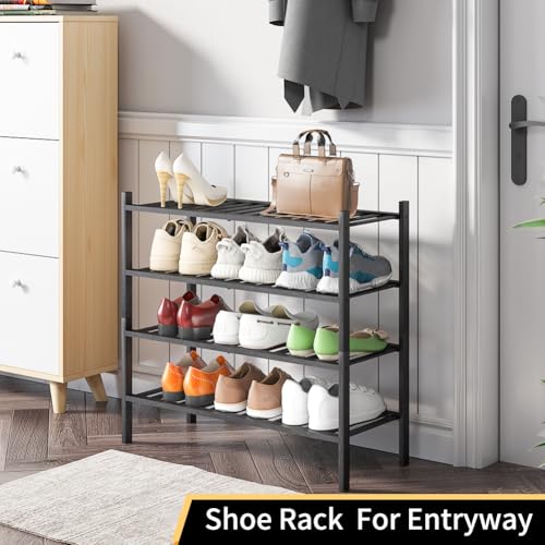 4-Tier Bamboo Shoe Rack for Entryway, Stackable | Heavy Duty | Multi-Function, Free Standing Shoe Racks for Bedroom Hallway Closet（Black） - color: Black, size: 4-Tier-Standard