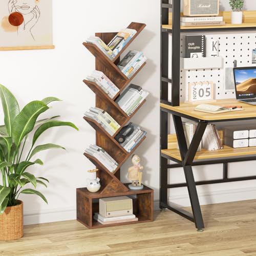 SHEEPAM 9 Tier Tree Bookshelf,Christmas Green Bookcase for Narrow Space, Storage Organizer Floor Standing Bookshelves for Books, Tall Book Case for Home Office, Living Room, Bedroom - color: Retro Brown, size: 9 Tier