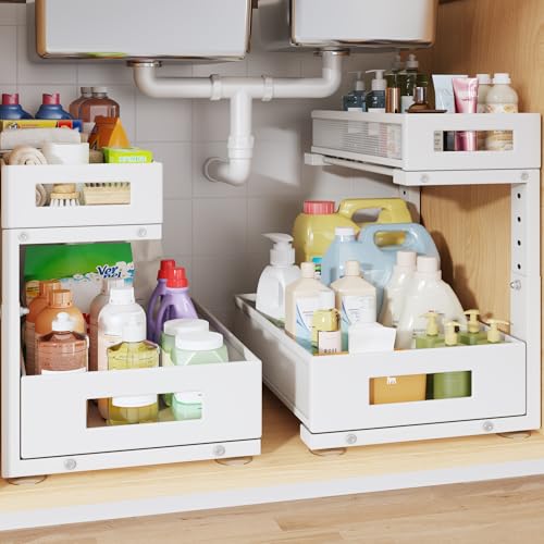 2-Pack Under Sink Storage Organizer, Large 2-Tier Elegant Mesh Pull Out Shelf for Kitchen and Bathroom Cabinet Organization, L-Shaped and Adjustable Height Design for Maximum Space Efficiency-White - color: White, size: 2 Pack-15.74"Dx11.4"-16.14"H