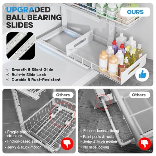 Under Sink Organizer Upgrade To Professional Rails,2-Tier Dual Pull Out Cabinet Storage,Height Adjustable Slide Out Drawers For Bathroom Kitchen,2 Pack-16.7"Dx12.8"-16.9"H,White - color: White, size: 2 Pack-16.7"Dx12.8"-16.9"H
