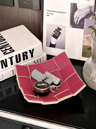PU Leather Valet Tray Jewelry Bowl Holder for Table Bedside Nightstand Entryway Desk Organizer for Wallet, Keys (Wine Red) - color: Wine Red