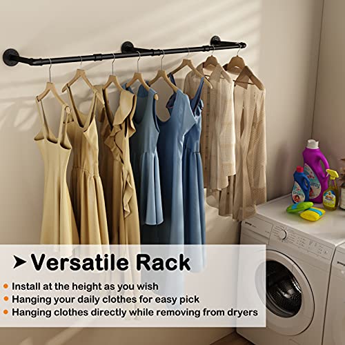 Wall Mounted Clothes Rack 52.6in, Industrial Pipe Clothing Racks Wall Mount, Heavy Duty Detachable Iron Garment Bar, Saving Space, Multi-Purpose Hanging Rod for Bedroom, Laundry Room, 1 Pack - size: 52.6Inches