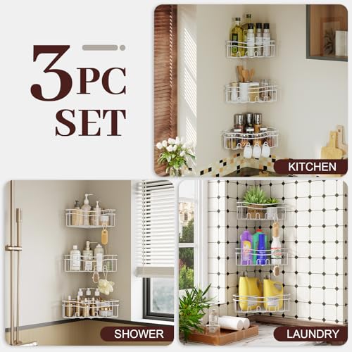 White Shower Caddy Corner, 3-Pack Adhesive Shower Shelves for Inside Shower, Rustproof Bathroom Organizer Corner with Built-in Hooks, No Drilling Bathroom Storage for Bath Accessories - color: WHITE